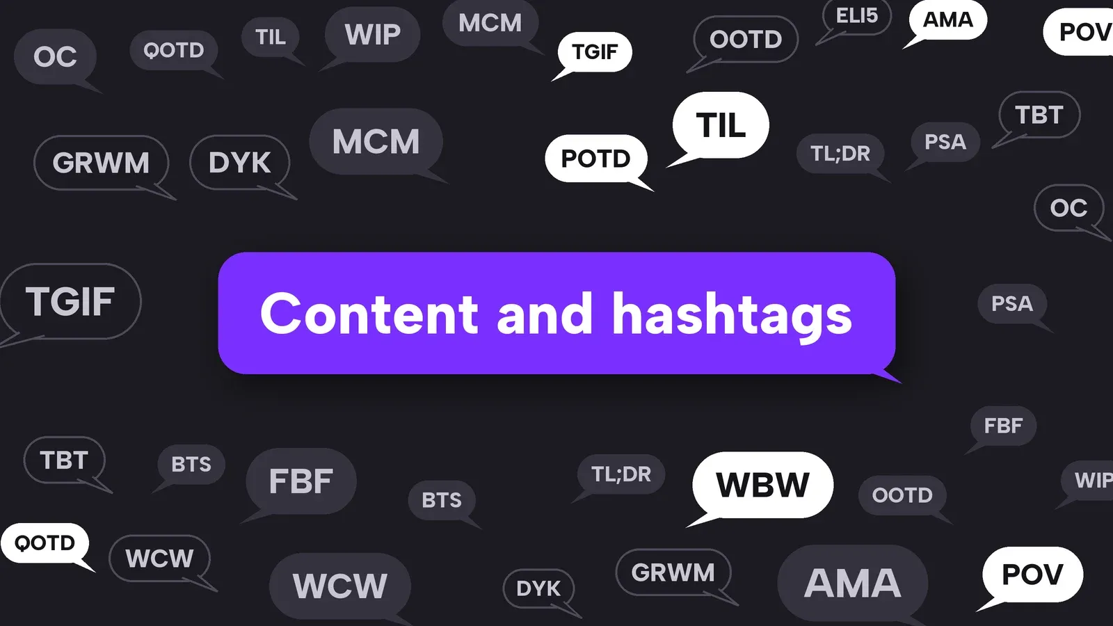Social media content and hashtag acronyms such as GRWM, OOTD, POV and TBT shown as chat bubbles