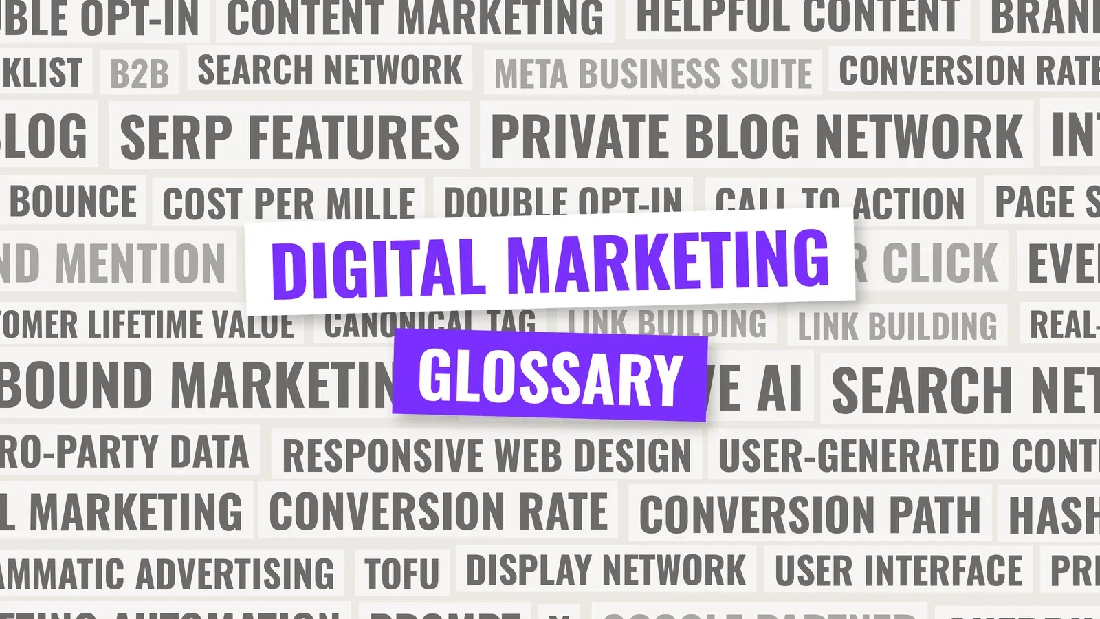 Digital marketing glossary title surrounded by marketing terms such as SEO, CTR and generative engine optimisation