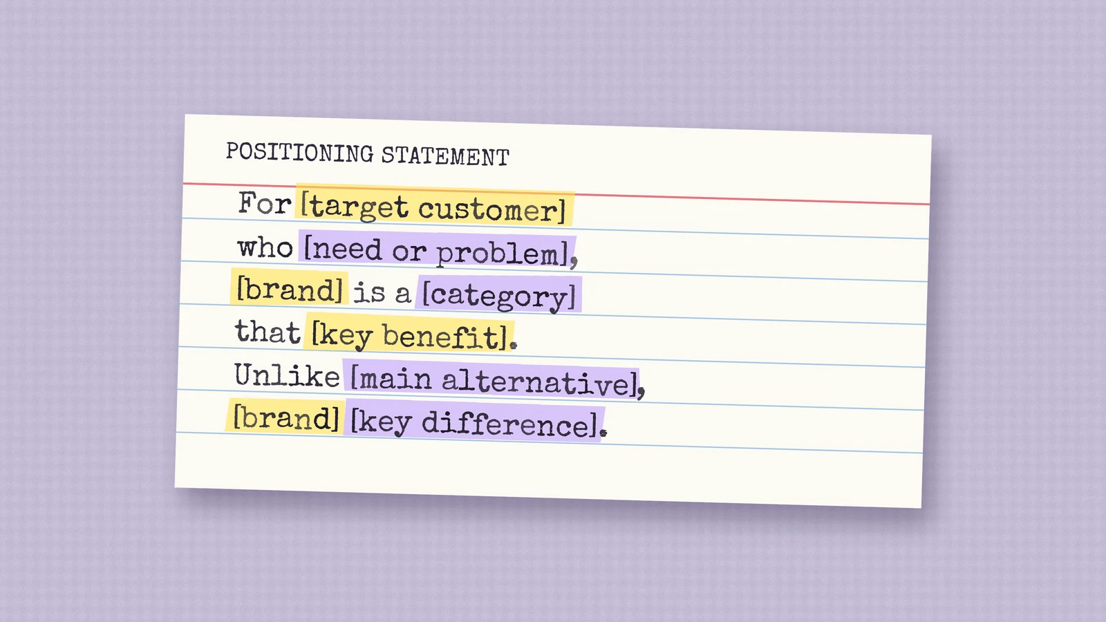 Index card with a typed positioning statement template and highlighted blanks to fill in