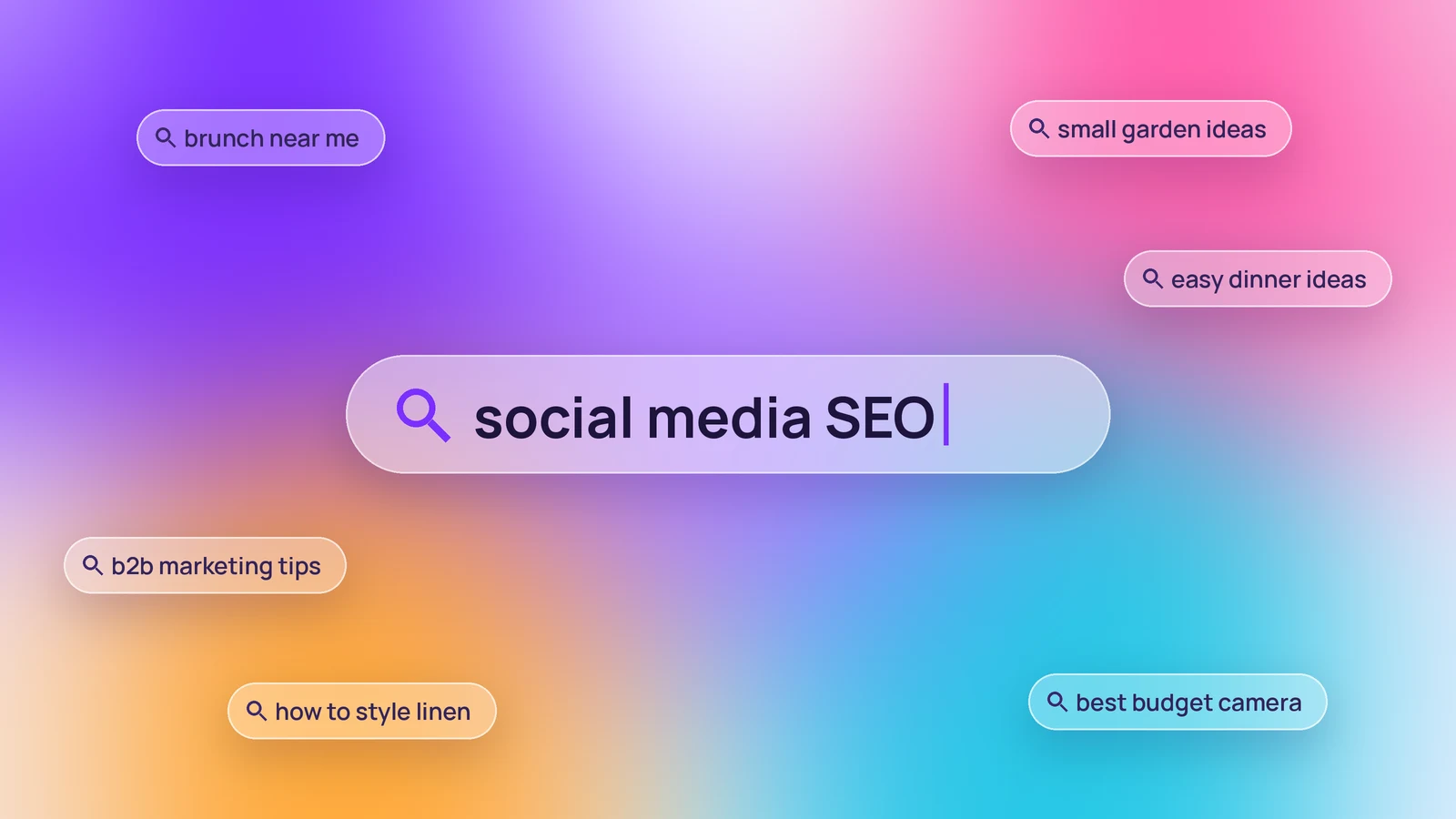 A frosted glass search bar reading social media SEO, surrounded by example social search queries