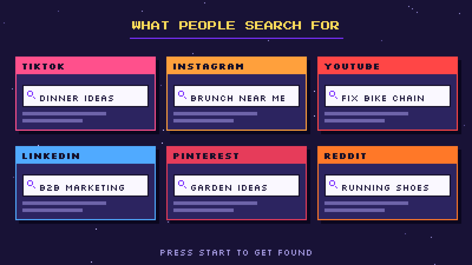 Pixel art search boxes showing typical searches on TikTok, Instagram, YouTube, LinkedIn, Pinterest and Reddit