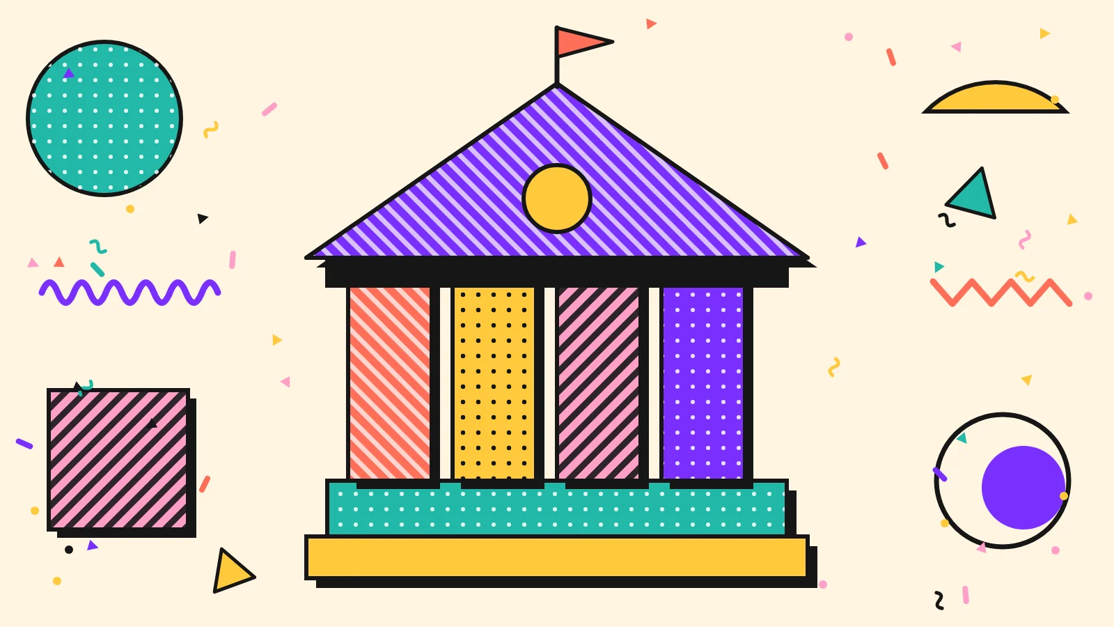 Memphis style illustration of a brand house built from patterned blocks with a violet roof and a flag on top