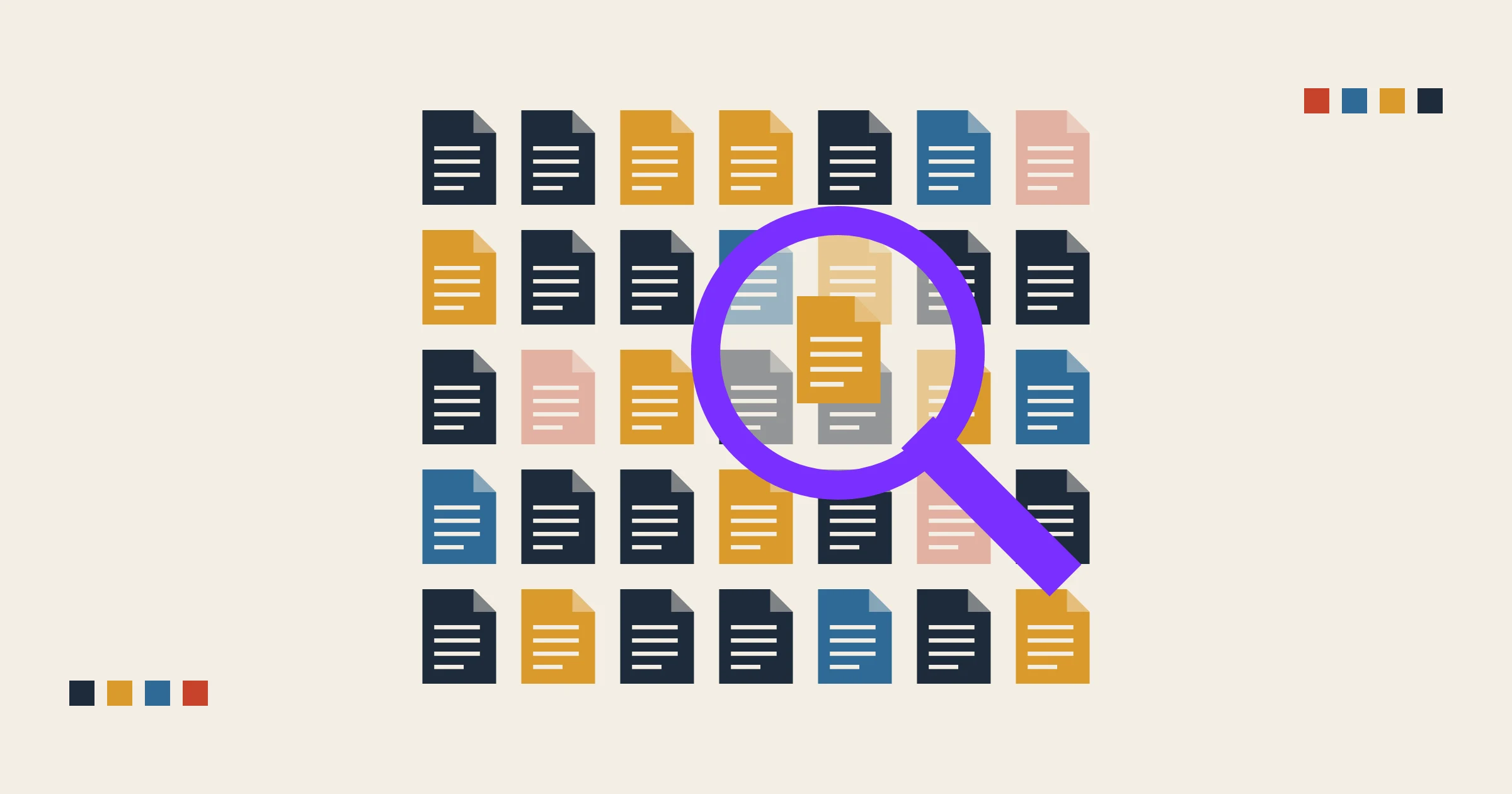 Isotype grid of page icons in four colours, with a purple magnifying glass picking out one page for review