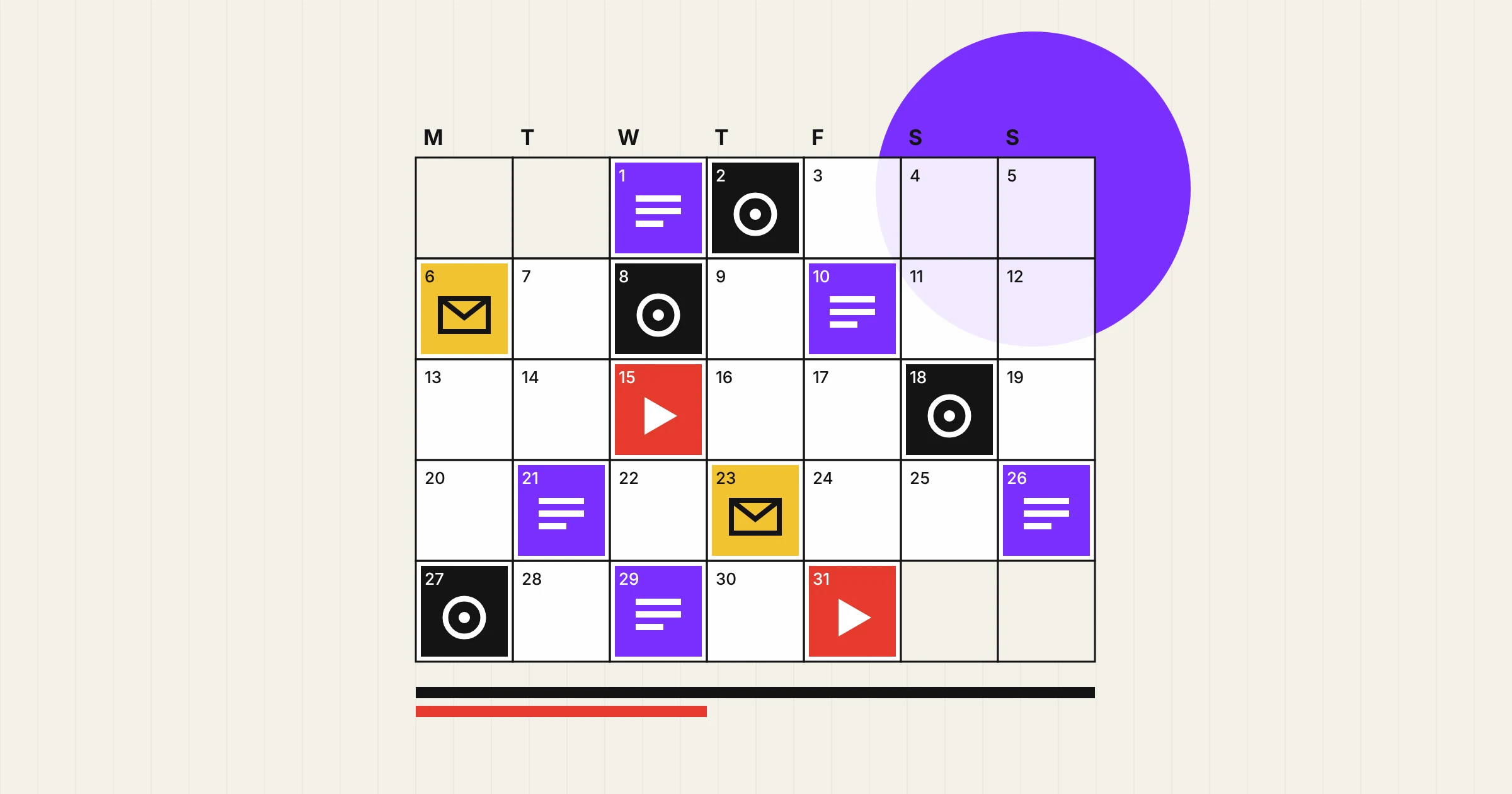 Swiss-style poster of a monthly calendar grid with bold coloured blocks for articles, videos, emails and social posts
