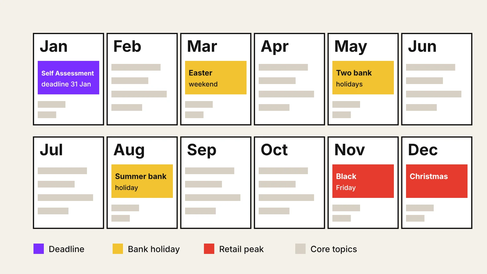Twelve-month grid marking fixed UK dates, from the Self Assessment deadline to Black Friday and Christmas