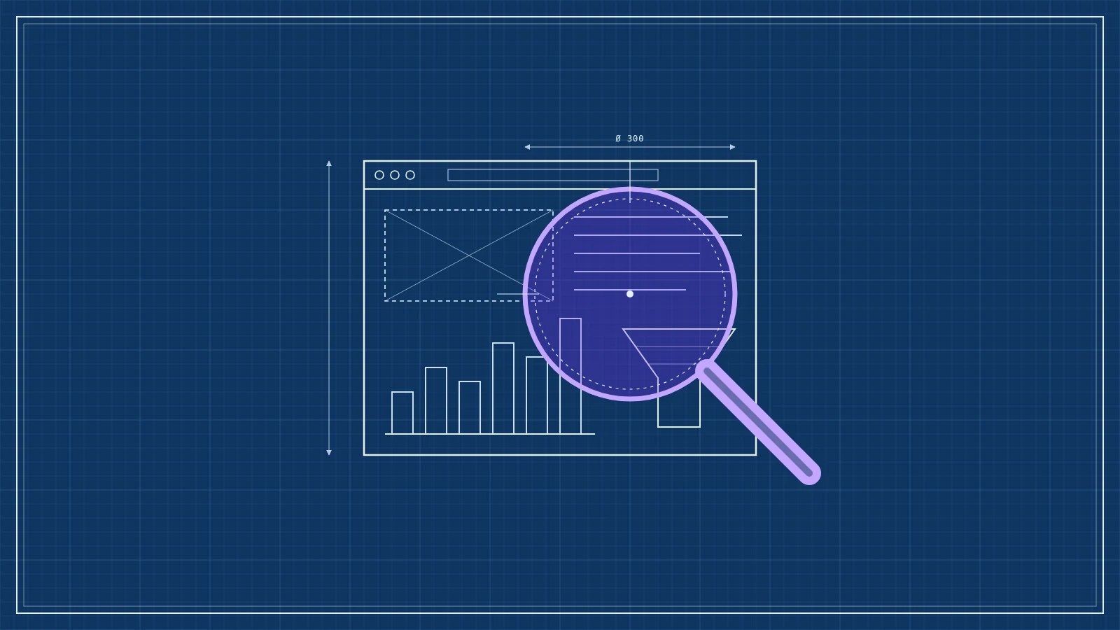 Blueprint style drawing of a magnifying glass examining a website layout with a bar chart and a funnel