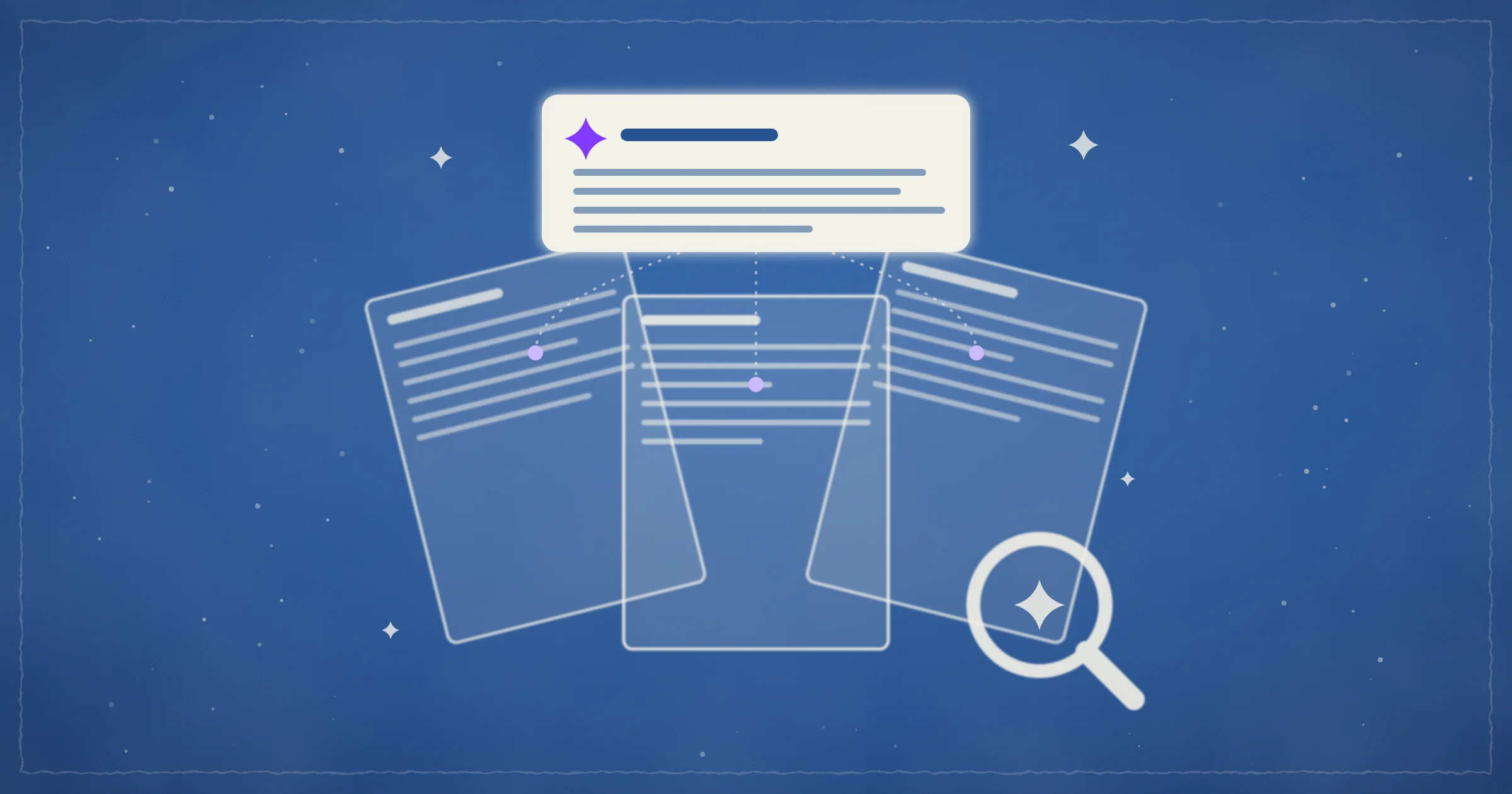 Cyanotype-style AI summary card linked by dotted threads to three web pages, with a magnifying glass below