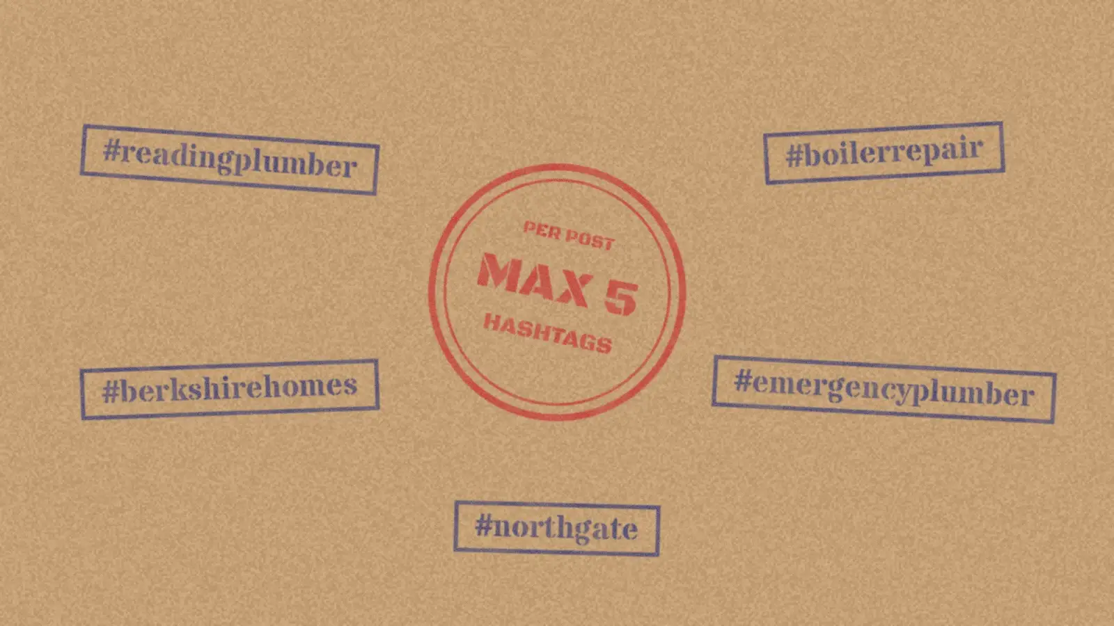 Five rubber-stamped hashtags around a red stamp reading max 5 hashtags per post