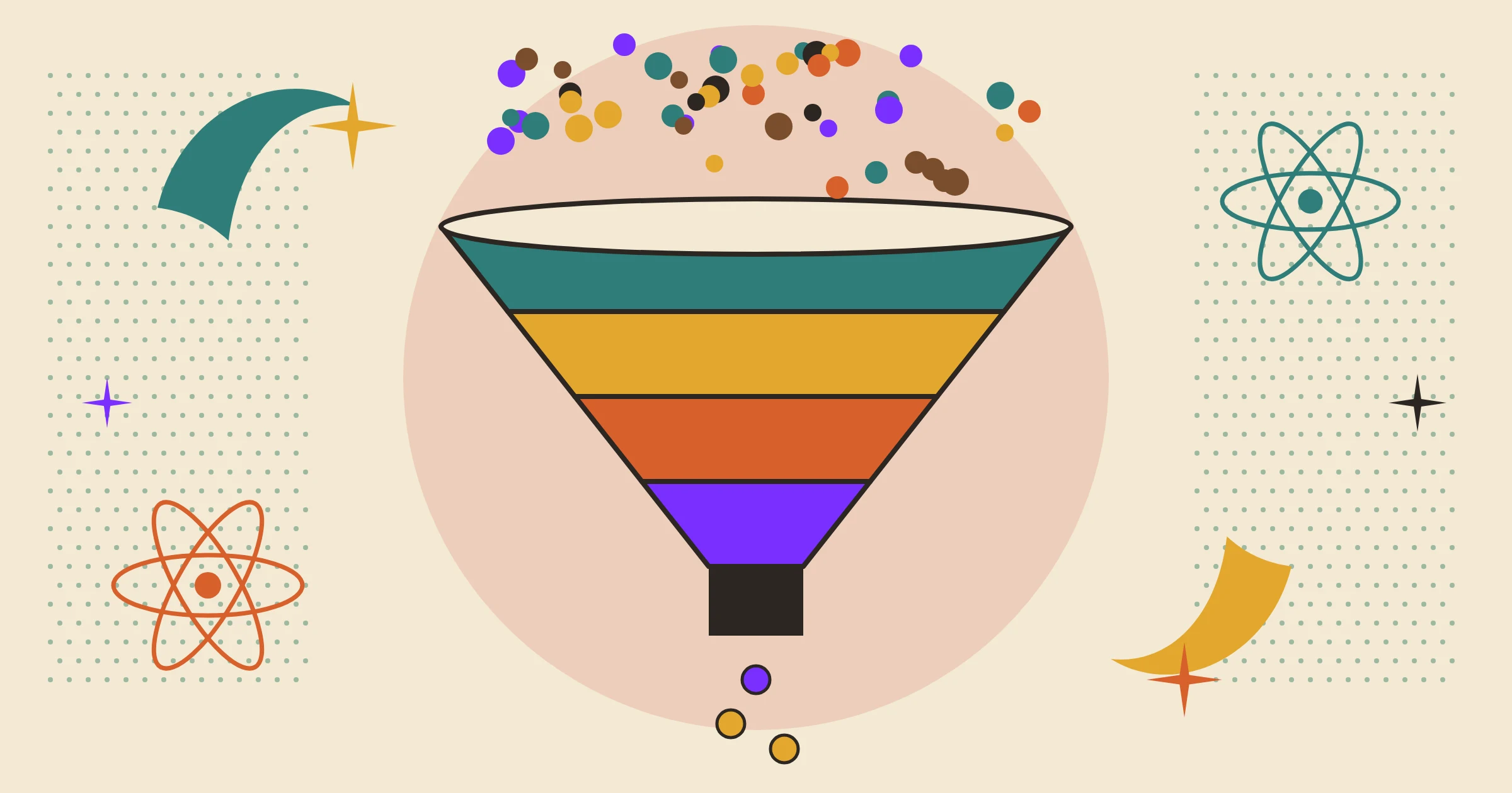 Mid-century modern funnel in teal, mustard, orange and purple bands, with many coloured dots falling in and three dropping out
