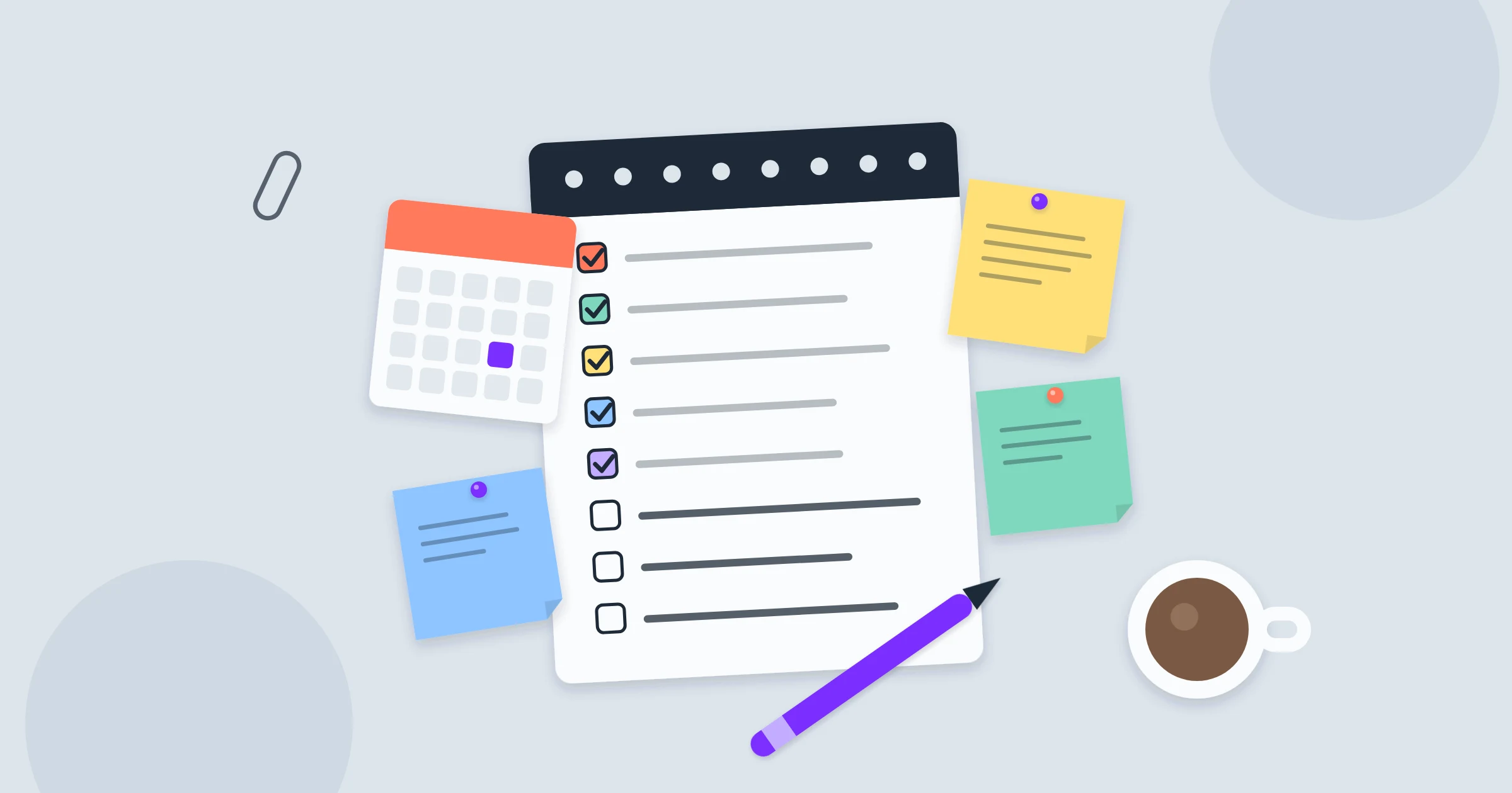 Top-down desk with a checklist notepad, calendar, coloured sticky notes, a purple pen and a cup of coffee