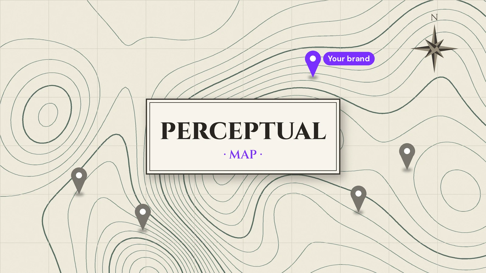 Topographic map with a title cartouche reading perceptual map and a violet pin marking your brand among competitors