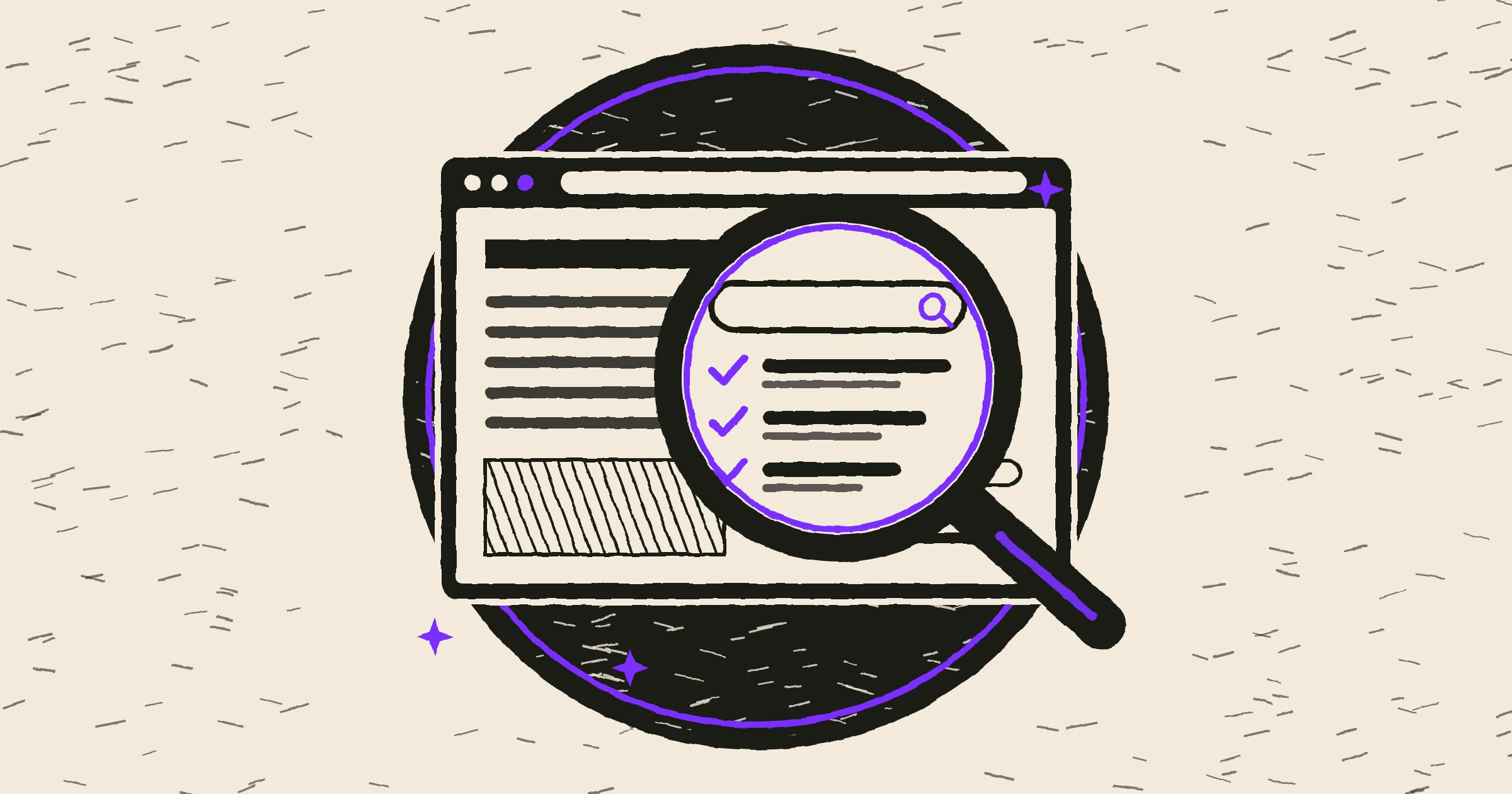 Linocut print of a large magnifying glass over a browser window, showing a page structure and a search bar inside the lens