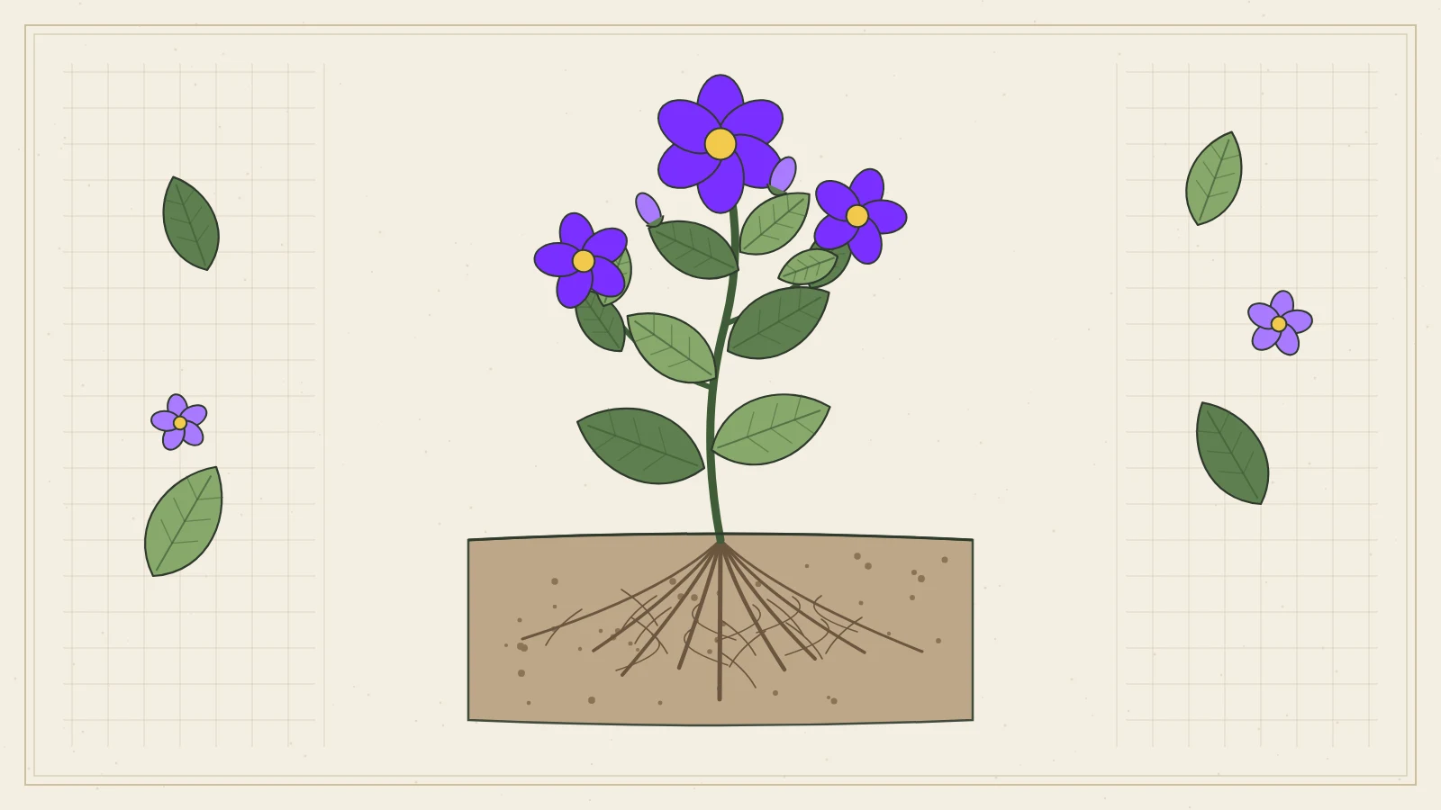 Botanical illustration of a flowering purple plant with its roots spreading through a band of soil