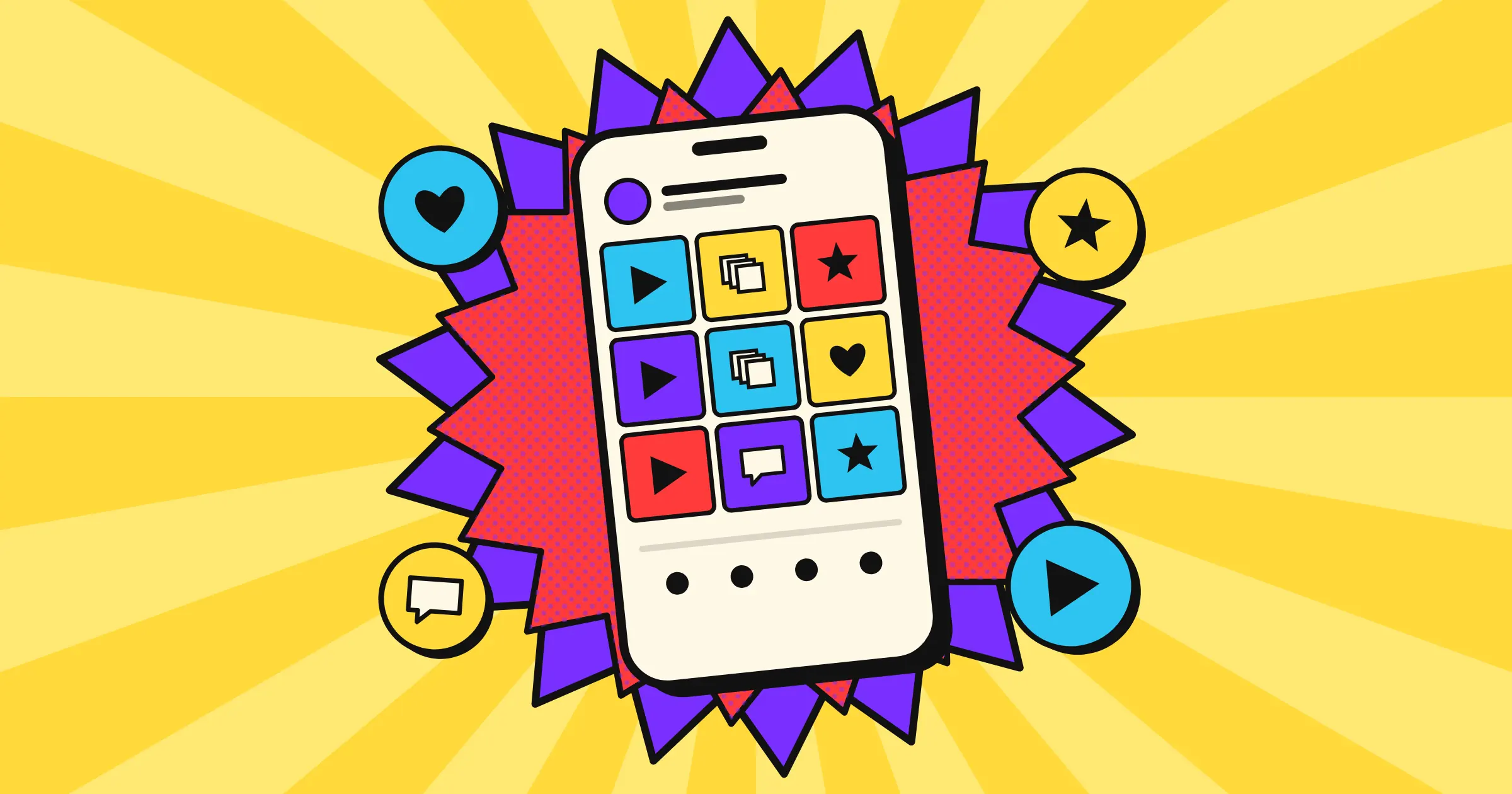 Pop art phone showing a grid of colourful post tiles for videos, carousels and reviews, bursting out of a comic star