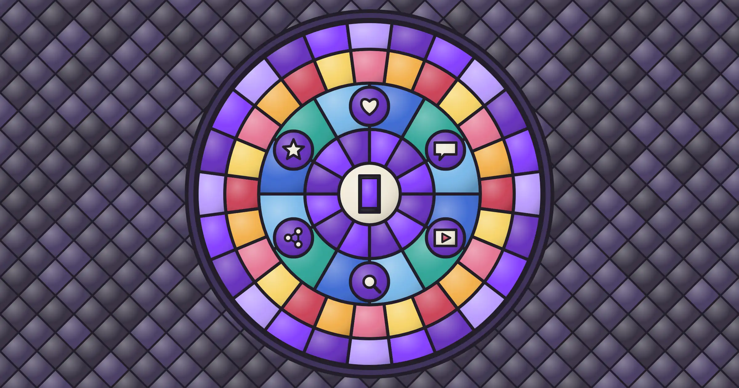 Stained glass rose window with a smartphone at the centre, ringed by like, comment, video, search, share and star icons