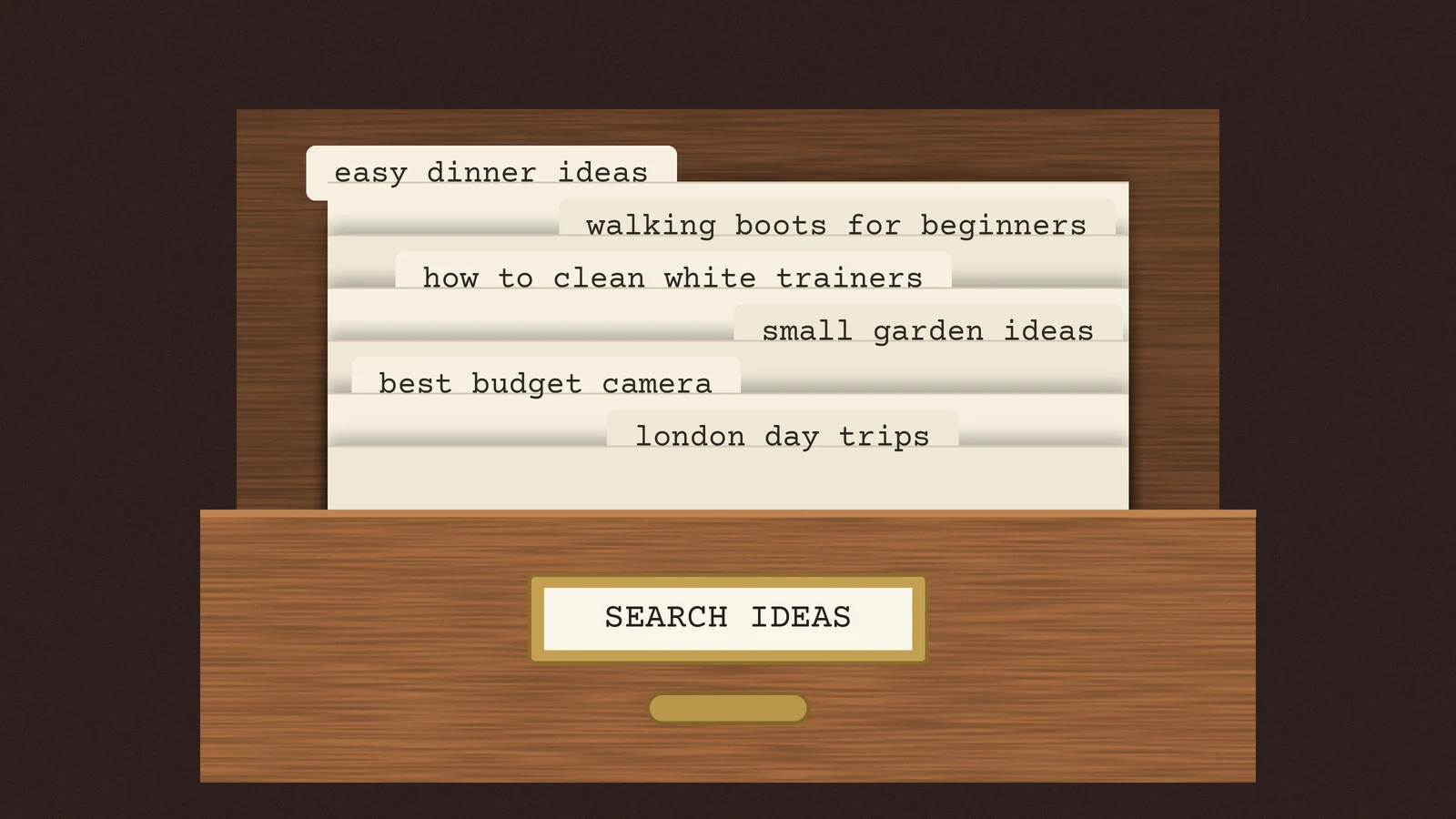 Wooden card catalogue drawer labelled search ideas, with index cards showing example TikTok searches